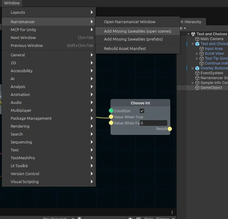 The Window → Narramancer menu.