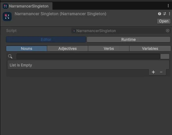 The Narramancer window’s Editor view, on the Nouns tab.