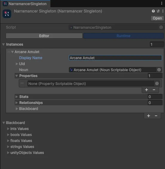 The Runtime view in Play Mode, with one noun instance expanded.