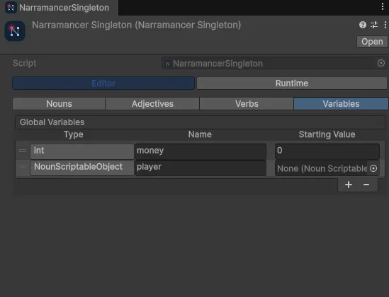 The Variables tab of the Narramancer window.