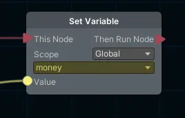 A Set Variable node writing the global variable ‘money’.
