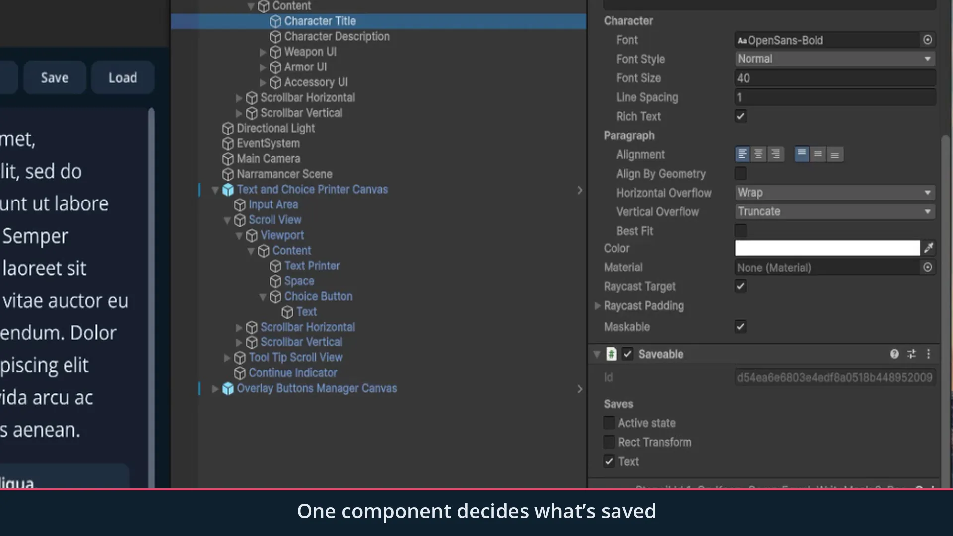 The Saveable component's inspector, with a toggle for each component it saves.