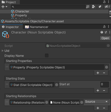 A screenshot of a noun and its inspector window, with starting adjectives added.
