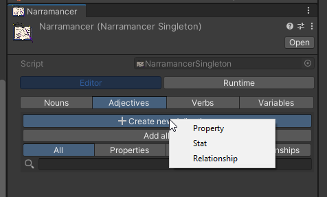 Demonstration of creating a new adjective using the Narramancer Window