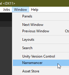 The menu for opening the Narramancer Window