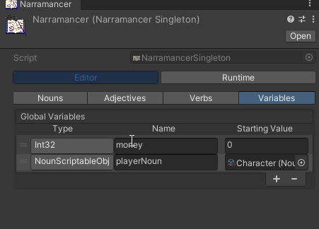 A screenshot of the Variables tab within the Narramancer Window.