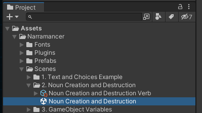 A screenshot of where to find the Noun Creation and Destruction Scene asset.