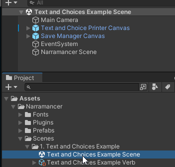 Screenshot of the Text and Choices Example Scene asset; it's location in the assets folder and the hierarchy of the scene.