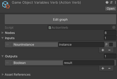 A Verb asset Inspector Window with Inputs and Outputs.